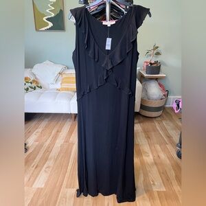 LOFT Black Ruffle V-Neck Maxi Dress with Tiered Detail